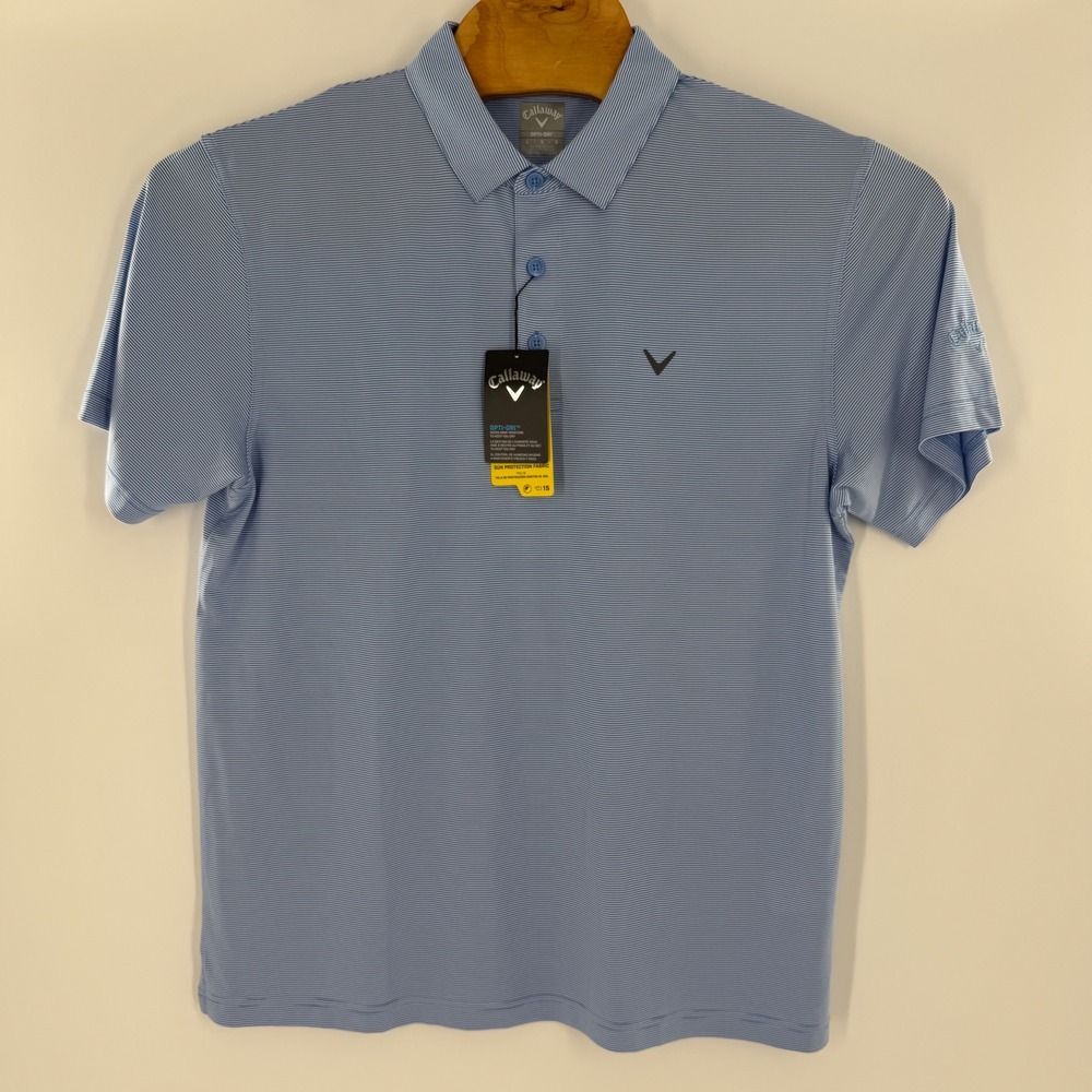 Callaway Mens Opti-Dri Golf Polo Shirt Blue White Stripe Short Sleeve Large NEW